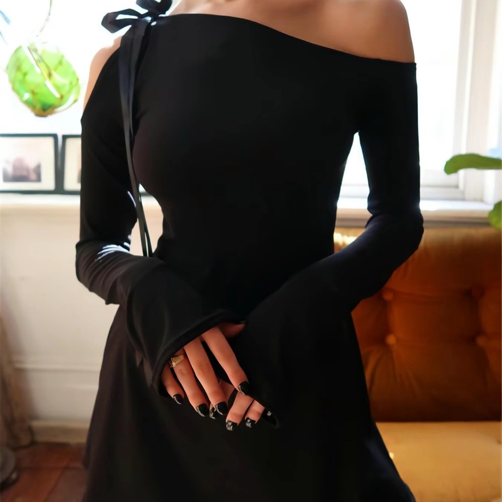 Black Off-Shoulder Dress with Ribbon Tie